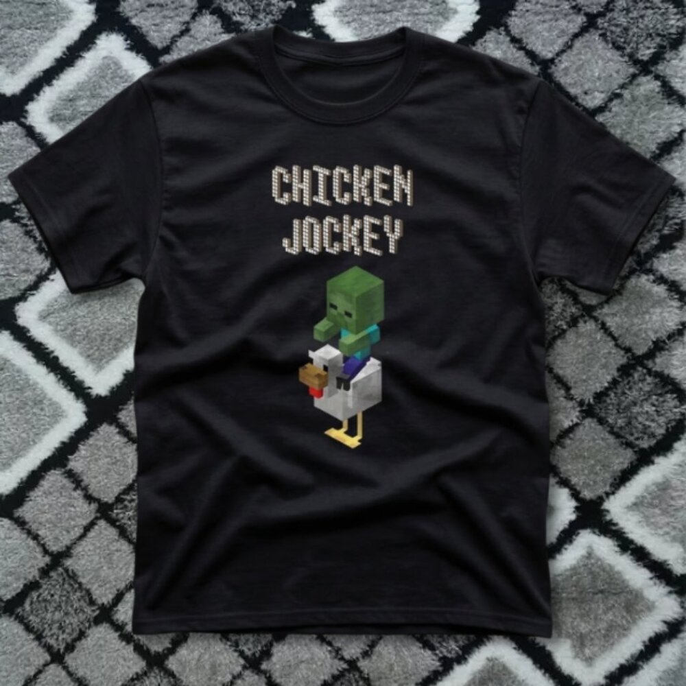 Chicken Jockey Pixel Graphic T-Shirt Black Gaming Meme Tee